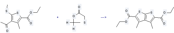The Thieno[2,3-b]thiophene-2,5-dicarboxylicacid, 3,4-dimethyl-, 2,5-diethyl ester could be obtained by the reactant of Mercaptoacetic acid ethyl ester and 4-Acetyl-3-methyl-5-methylsulfanyl-thiophene-2-carboxylic acid ethyl ester